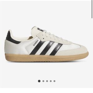 Adidas Samba Satin White and Black Shoes with Tan Soles